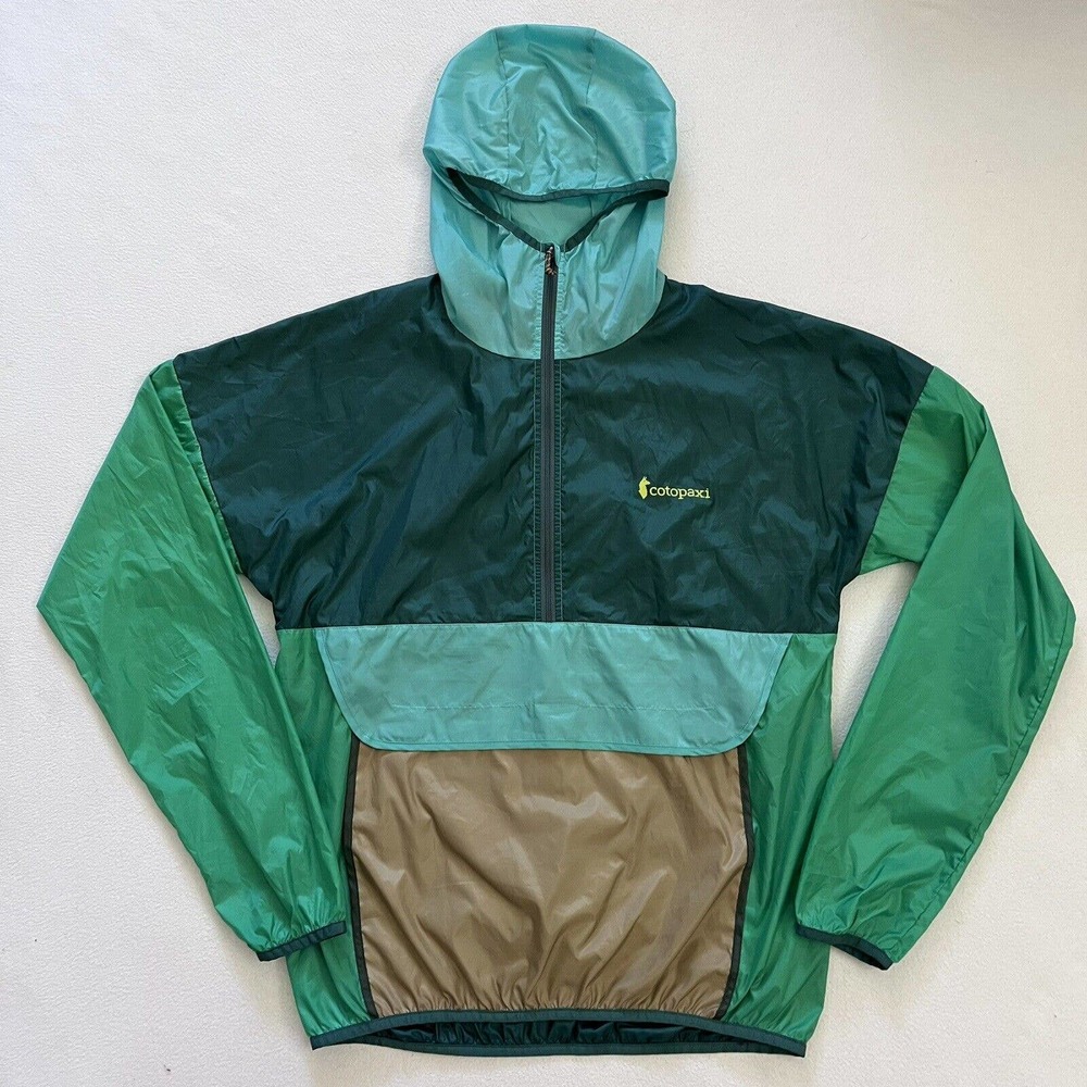 Cotopaxi Women L / Men M Nylon Green Tan Teca Half Zip Windbreaker Hood Jacket